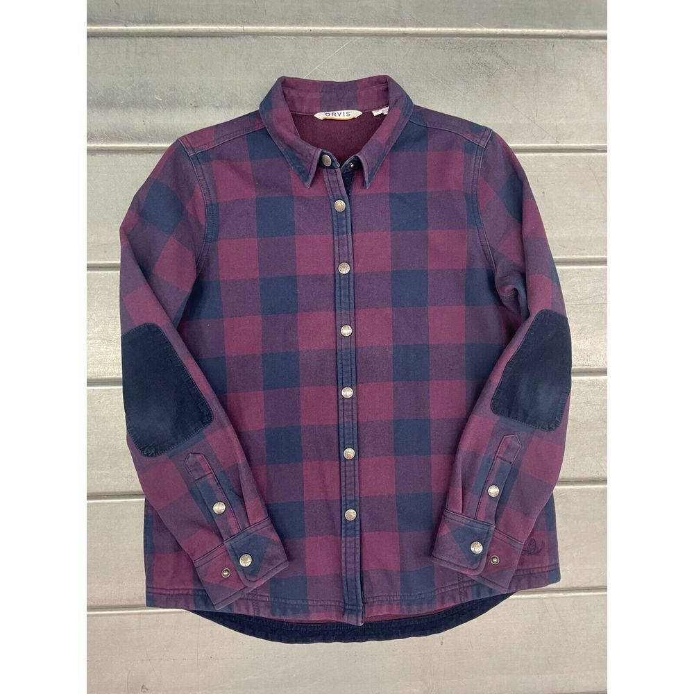 Orvis Plaid Shacket Jacket Womens Medium Purple Blue Fleece Lined Elbow Patch
